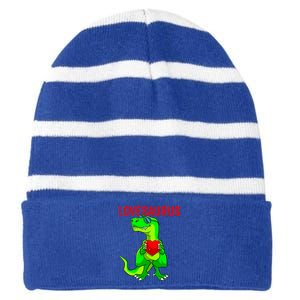 Valentines Day Dinosaur T Rex Valentine Lovesaurus Funny Gift Striped Beanie with Solid Band