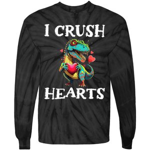 Valentines Day Dinosaur I Crush Hearts Tie-Dye Long Sleeve Shirt