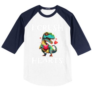 Valentines Day Dinosaur I Crush Hearts Baseball Sleeve Shirt