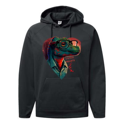 Valentines Day Dinosaur I Steal Hearts Performance Fleece Hoodie