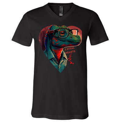 Valentines Day Dinosaur I Steal Hearts V-Neck T-Shirt