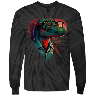 Valentines Day Dinosaur I Steal Hearts Tie-Dye Long Sleeve Shirt