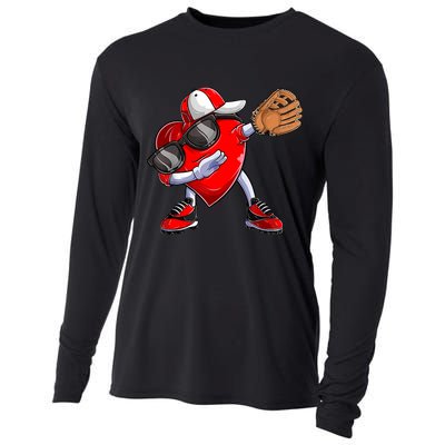 Valentines Day Dabbing Heart Shirt Boys Baseball Catcher Cooling Performance Long Sleeve Crew
