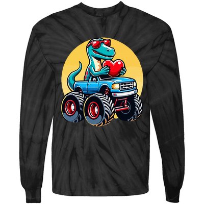 Valentines Day Dinosaur Catzilla Riding Truck Funny Tie-Dye Long Sleeve Shirt