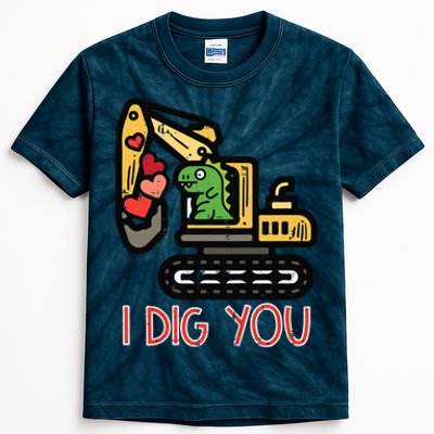 Valentines Day Excavator Dino I Dig You Kids Tie-Dye T-Shirt