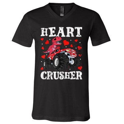 Valentines Day Funny Dinosaur Monster Truck 100 day V-Neck T-Shirt