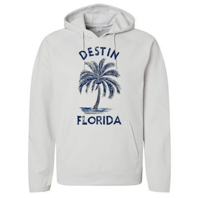 Vintage Destin Florida Palm Tree Fl Retro Performance Fleece Hoodie