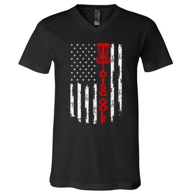 Vintage Disc Golf Basket American Flag For Disc Golfers V-Neck T-Shirt