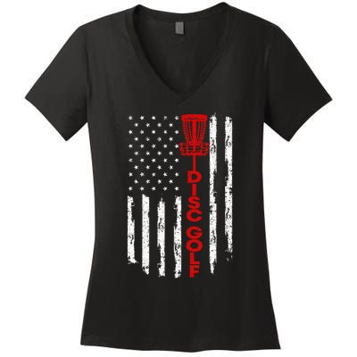 Vintage Disc Golf Basket American Flag For Disc Golfers Women's V-Neck T-Shirt