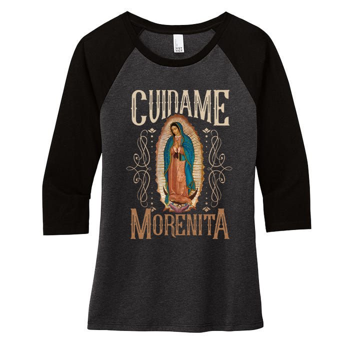 Virgen De Guadalupe. Cuídame Morenita Vintage Design Women's Tri-Blend 3/4-Sleeve Raglan Shirt