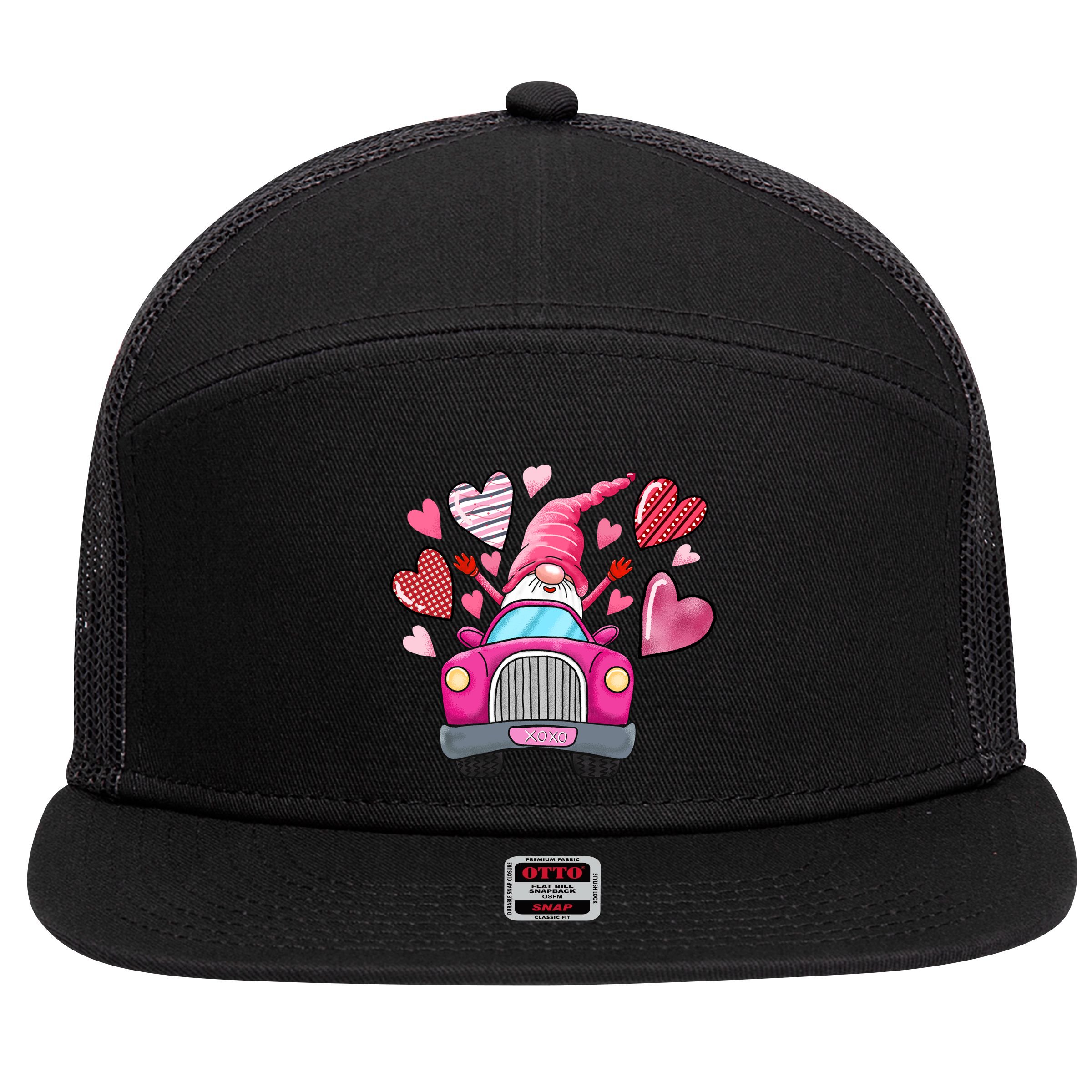 Valentines Day Gnome Heart Truck 7 Panel Mesh Trucker Snapback Hat
