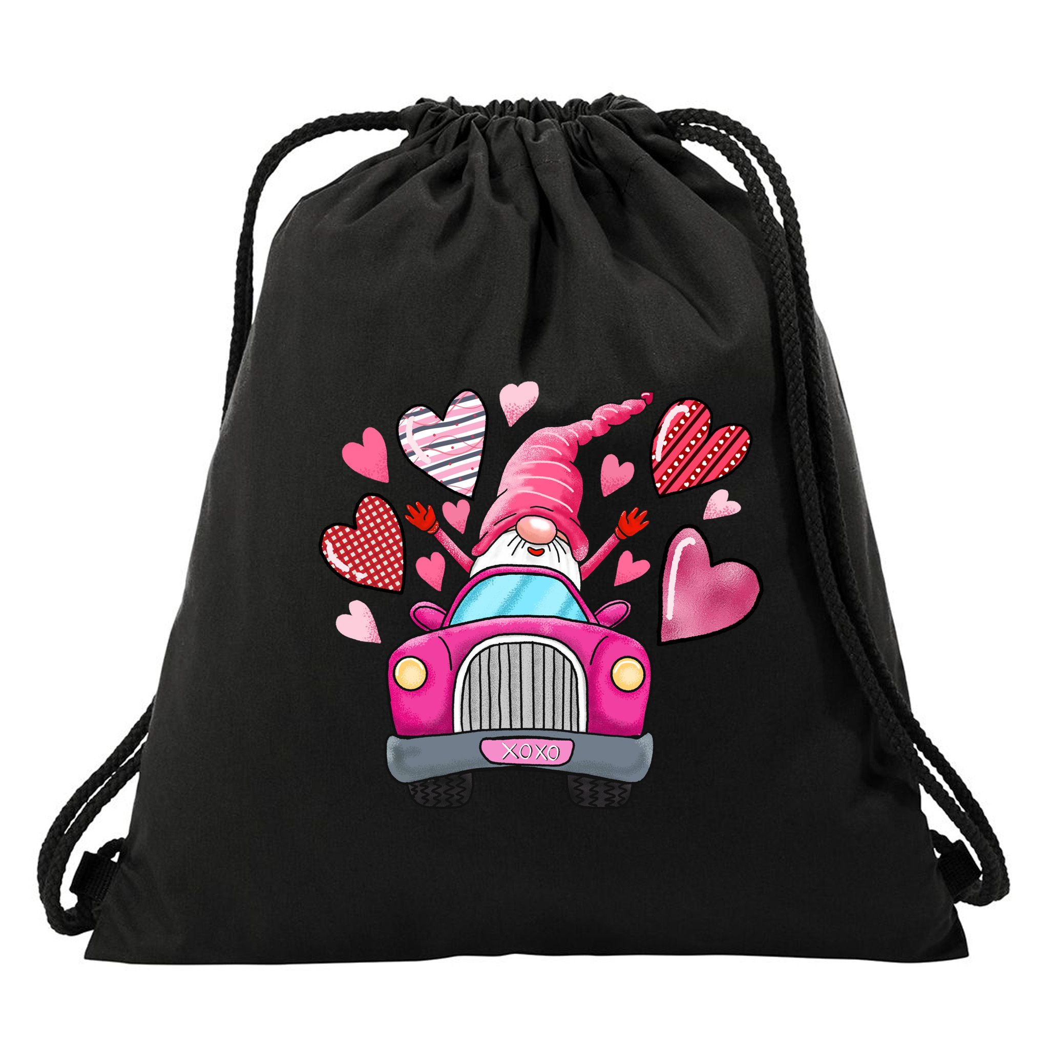 Valentines Day Gnome Heart Truck Drawstring Bag
