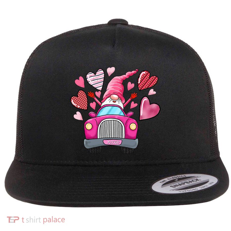 Valentines Day Gnome Heart Truck Flat Bill Trucker Hat