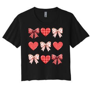 Valentines Day Hearts Leopard Coquette Bow Women's Crop Top Tee