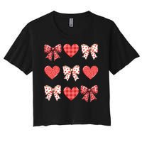 Valentines Day Hearts Leopard Coquette Bow Women's Crop Top Tee