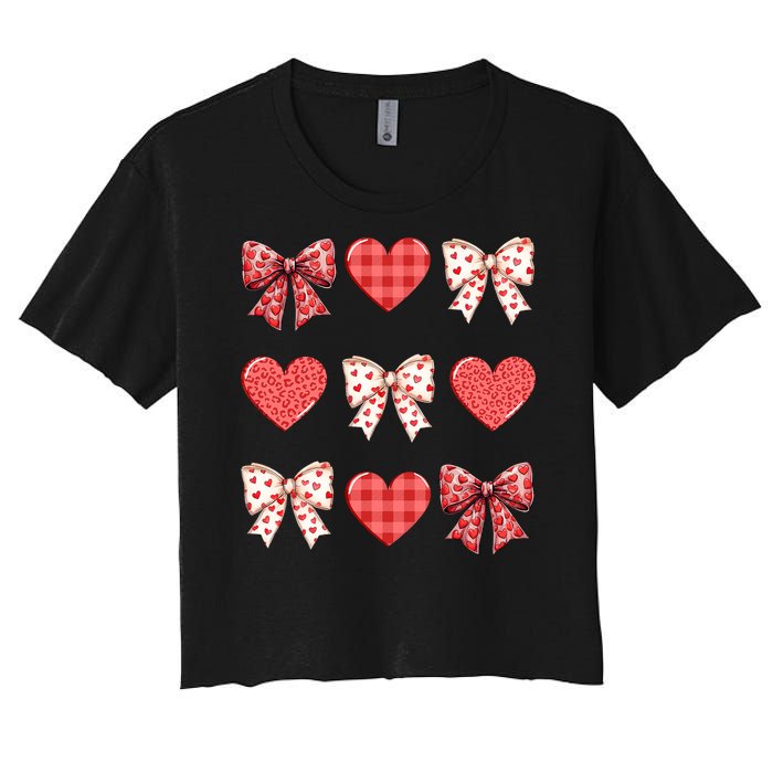 Valentines Day Hearts Leopard Coquette Bow Women's Crop Top Tee