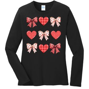 Valentines Day Hearts Leopard Coquette Bow Ladies Long Sleeve Shirt