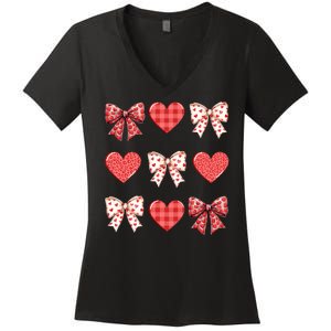 Valentines Day Hearts Leopard Coquette Bow Women's V-Neck T-Shirt