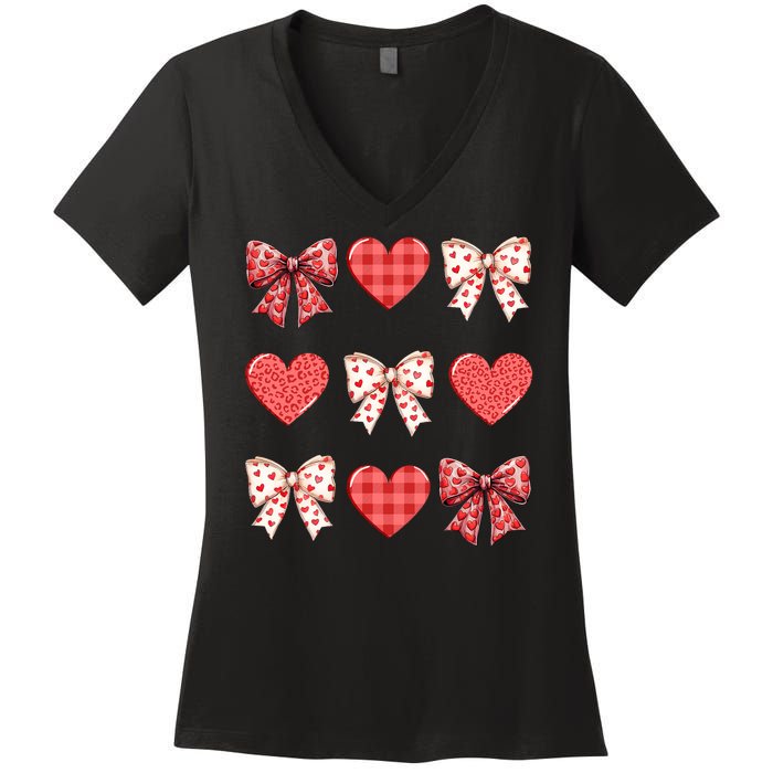 Valentines Day Hearts Leopard Coquette Bow Women's V-Neck T-Shirt