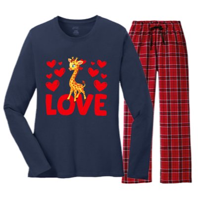 Valentine's Day Hearts Love Giraffes Animal Lovers Wo Women's Long Sleeve Flannel Pajama Set 