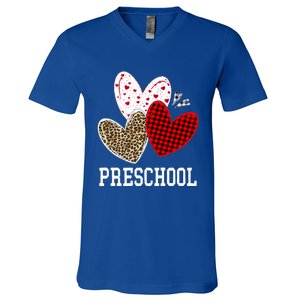 Valentines Day Hearts Leopard Red Plaid Preschool Teacher Cool Gift V-Neck T-Shirt