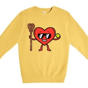 Valentines Day Heart Lacrosse Funny Lax Sports Premium Crewneck Sweatshirt