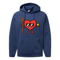 Valentines Day Heart Lacrosse Funny Lax Sports Performance Fleece Hoodie