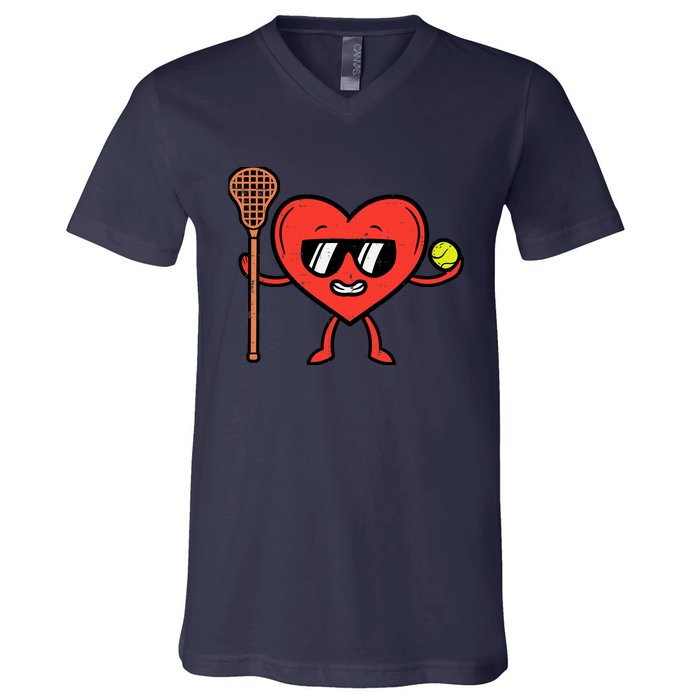 Valentines Day Heart Lacrosse Funny Lax Sports V-Neck T-Shirt