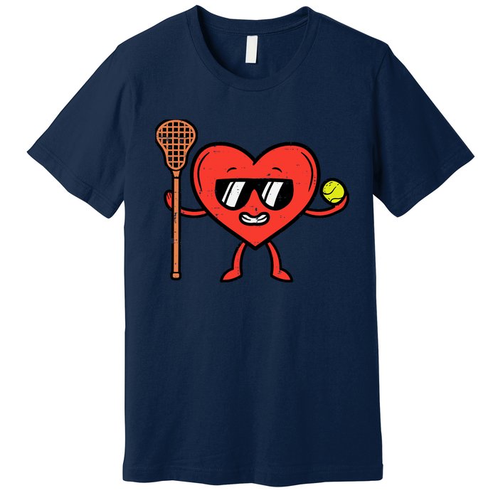 Valentines Day Heart Lacrosse Funny Lax Sports Premium T-Shirt