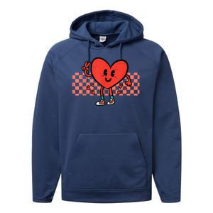 Valentines Day Heart Peace Hand Retro Groovy Performance Fleece Hoodie