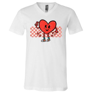 Valentines Day Heart Peace Hand Retro Groovy V-Neck T-Shirt