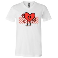 Valentines Day Heart Peace Hand Retro Groovy V-Neck T-Shirt