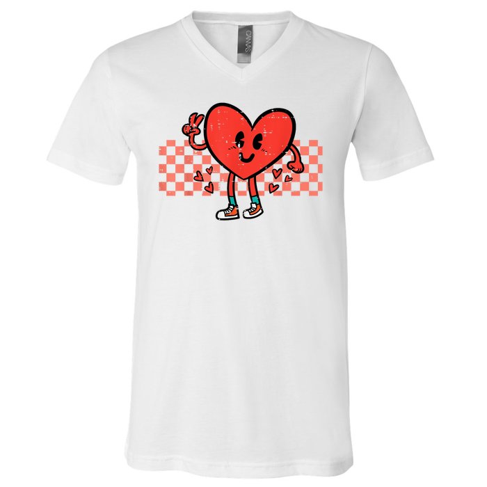 Valentines Day Heart Peace Hand Retro Groovy V-Neck T-Shirt