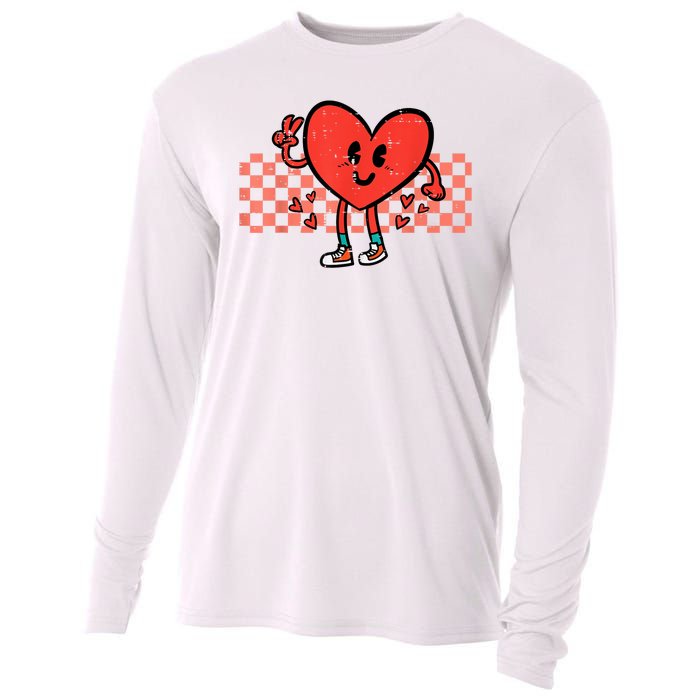 Valentines Day Heart Peace Hand Retro Groovy Cooling Performance Long Sleeve Crew