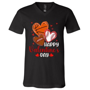 Valentines Day Happy Basketball Baseball Football V-Neck T-Shirt