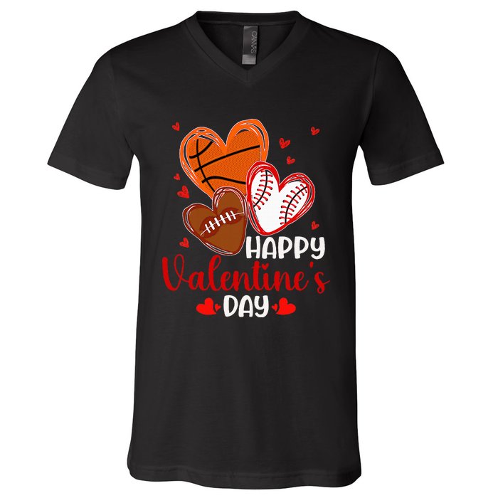 Valentines Day Happy Basketball Baseball Football V-Neck T-Shirt