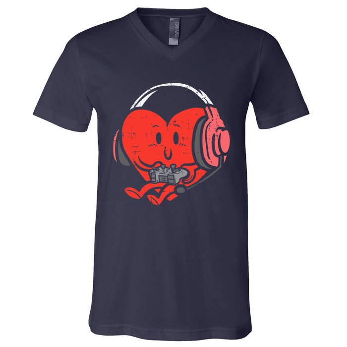 Valentines Day Heart Gamer Gaming V-Neck T-Shirt