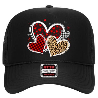 Valentines Day Hearts Love Leopard Red Plaid High Crown Mesh Back Trucker Hat