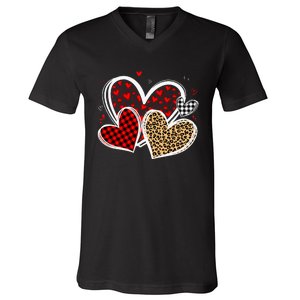 Valentines Day Hearts Love Leopard Red Plaid V-Neck T-Shirt