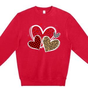 Valentines Day Hearts Love Leopard Red Plaid Premium Crewneck Sweatshirt