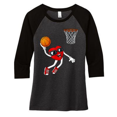 Valentines Day Heart Dunking Basketball Boys Girls K.i.d.s Women's Tri-Blend 3/4-Sleeve Raglan Shirt