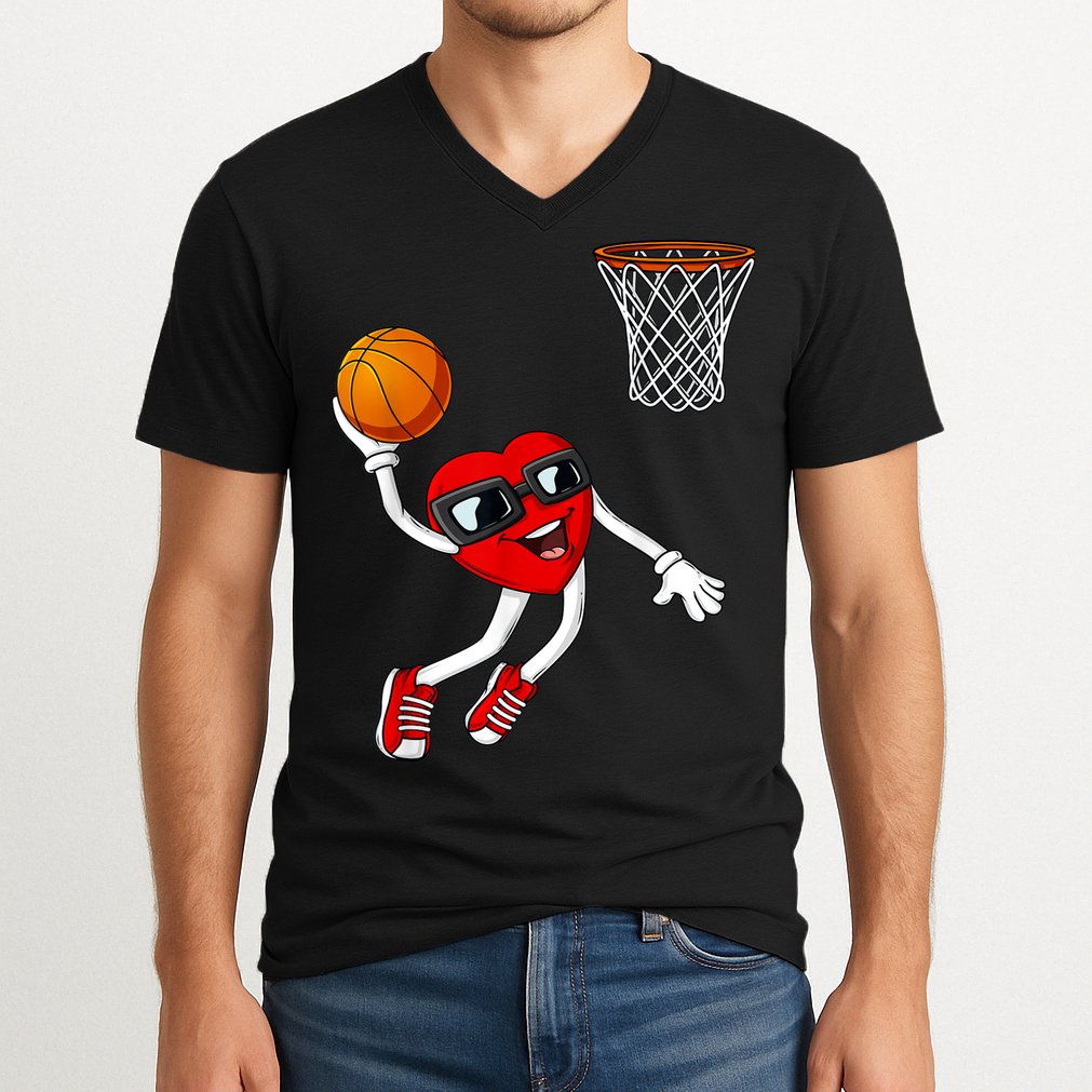 Valentines Day Heart Dunking Basketball Boys Girls Kids V-Neck T-Shirt