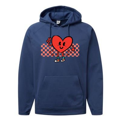 Valentines Day Heart Peace Hand Retro Groovy Adult Performance Fleece Hoodie