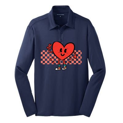 Valentines Day Heart Peace Hand Retro Groovy Adult Silk Touch Performance Long Sleeve Polo