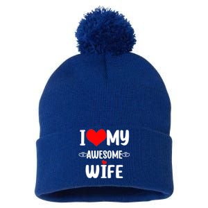 Valentines Day Heart With Love I Love My Wife Awesome Wife Great Gift Pom Pom 12in Knit Beanie