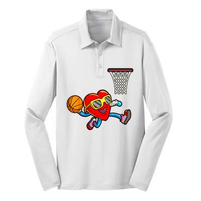 Valentines Day Heart Dunking Basketball Silk Touch Performance Long Sleeve Polo