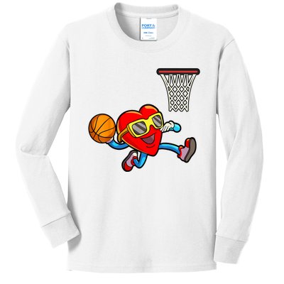 Valentines Day Heart Dunking Basketball Kids Long Sleeve Shirt