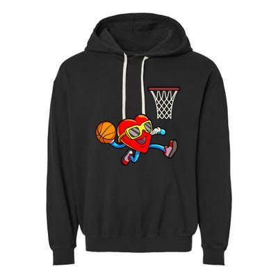 Valentines Day Heart Dunking Basketball Garment-Dyed Fleece Hoodie