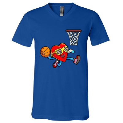 Valentines Day Heart Dunking Basketball V-Neck T-Shirt