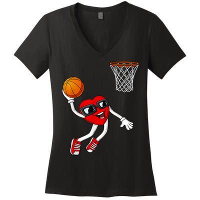 Valentines Day Heart Dunking Basketball Boys Girls Kids Women's V-Neck T-Shirt